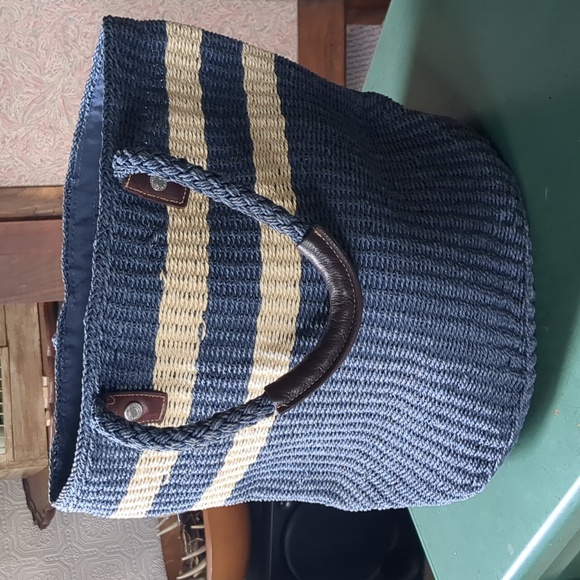 Vintage Fishermancore Blue and Cream Woven Tote with Leather Accents GAP - Picture 8 of 14